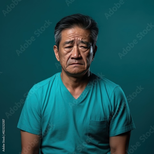 Turquoise background sad Asian man. Portrait of older mid-aged person beautiful bad mood expression boy Isolated on Background depression anxiety fear burn out 