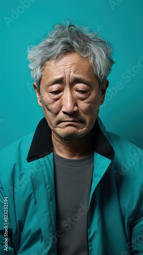 Turquoise background sad Asian man. Portrait of older mid-aged person beautiful bad mood expression boy Isolated on Background depression anxiety fear burn out  © Zickert
