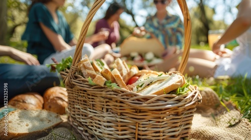 group of friends enjoying a picnic with a basket filled with sandwiches made with fresh bread