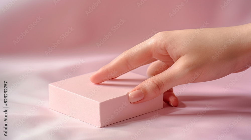 Elegant touch highlighted by a feminine hand holding a soft pink square cream mockup. Elegant touch highlighted by a feminine hand holding a soft pink square cream mockup.