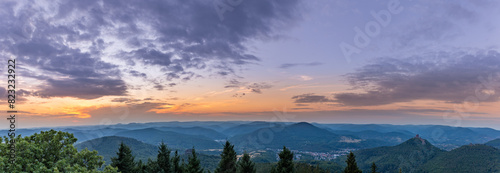 Panorama of Palatinate Forest during Sunset with Trifels Castle seen from Rehbergturm, Rhineland-Palatinate, Germany, Europe photo