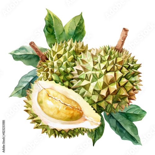 Durian fruit with watercolor leaves isolated on white background.