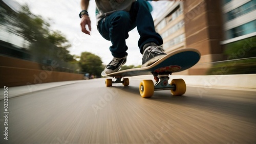 Skateboarder riding on a skateboard background. Skater boy in action illustration. High speed rider on skate with blurred urban background.