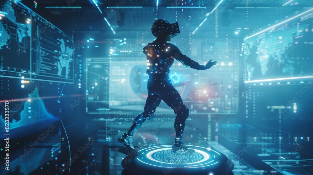 An athlete balancing on a specialized platform trying to hit virtual targets that appear and disappear in their augmented reality training. An athlete balancing on a specialized platform trying to hit virtual targets that appear and disappear in their augmented reality training.