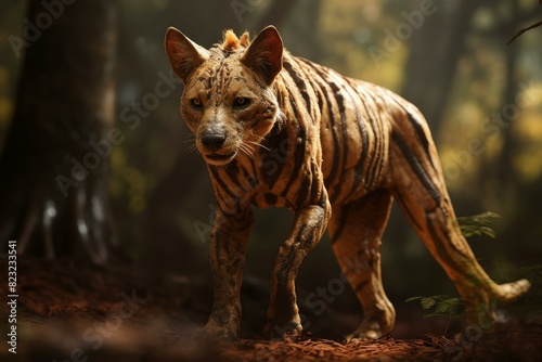 Mysterious Tasmanian tiger forest photo shot. Park feline predator big wildcat. Generate Ai photo