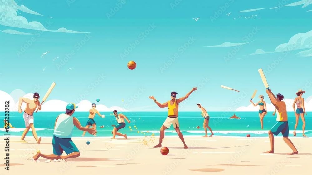 A Group Of Friends Playing Beach Cricket On A Sunny Day, Cartoon ,Flat color