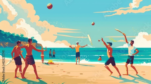 A Group Of Friends Playing Beach Cricket On A Sunny Day, Cartoon ,Flat color