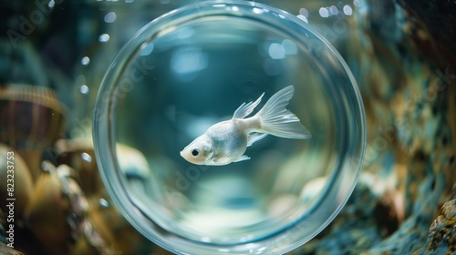 A serene, white moonfish gliding through a glass cylinder, its peaceful presence highlighted by the clarity of the water.  photo