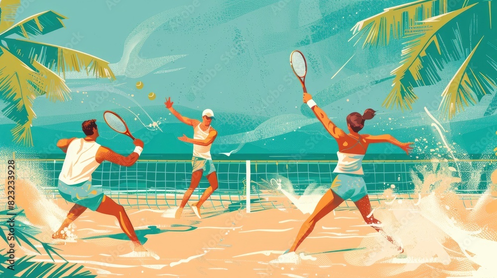 Obraz premium A Group Of Friends Playing Beach Tennis, Hitting A Ball Back And Forth Over The Net, Cartoon ,Flat color