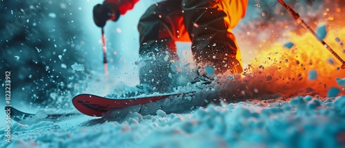 Dynamic skis with neon trails, advanced ski poles, and a snowy backdrop, Neon, Digital, Vibrant colors, Highenergy winter sports