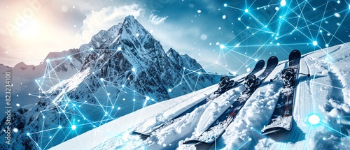 hightech skis with integrated sensors, ergonomic ski poles, and a snowy mountain landscape, Futuristic, Digital, Cool tones, Advanced winter sports gear