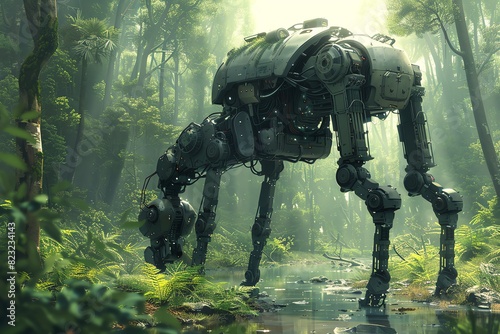 Futuristic robotic animal exploring a misty, lush forest, demonstrating advanced technology and a harmonious blend of nature and machinery. photo