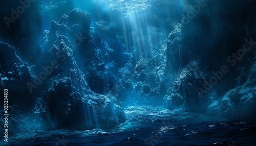 Magazinestyle photo of A mysterious deepsea scene with bioluminescent creatures illuminating the dark waters around a submerged mountain range photo