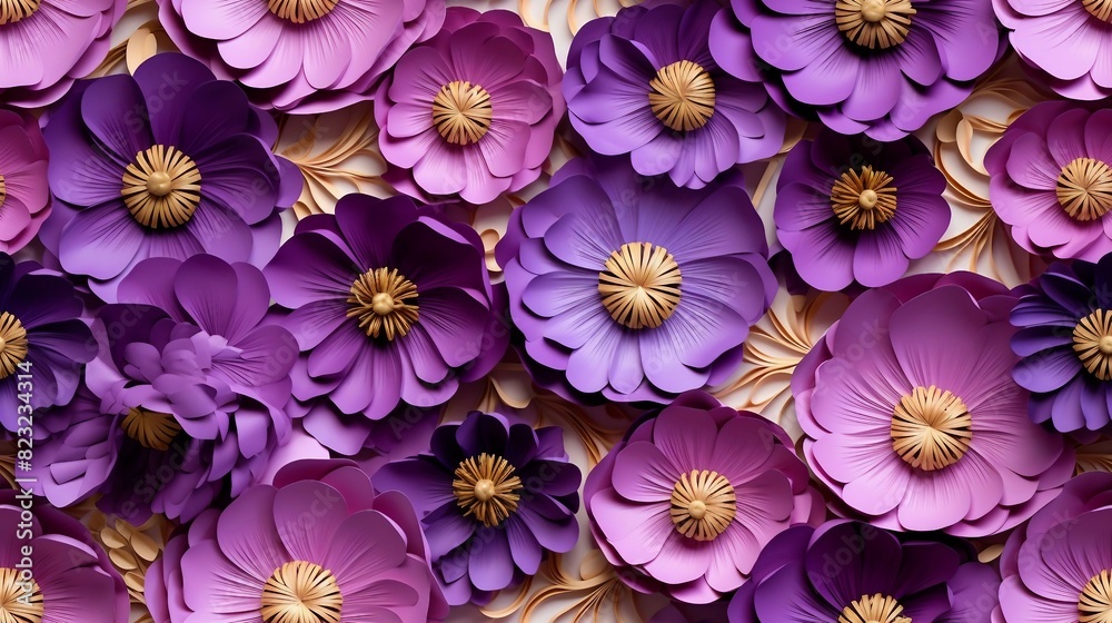 Seamless pattern featuring 3D Violet and Gold Poppy florals, resembling a paper quill design.
