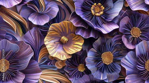 Seamless pattern featuring 3D Violet and Gold Poppy florals, resembling a paper quill design.
