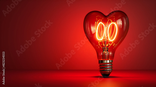 Bulb with a heart shaped lighted filament on a red background.