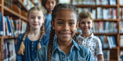 Diverse schoolchildren in modern library with inclusive education system
