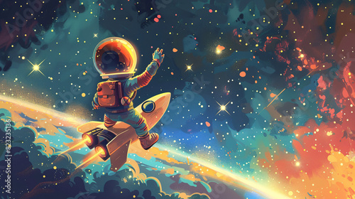 Vector art of a spaceman floating near a satellite  with Earth visible in the background