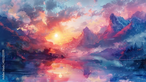 Stunning digital painting of a vibrant sunset over a serene mountain lake  with colorful reflections and dramatic clouds.