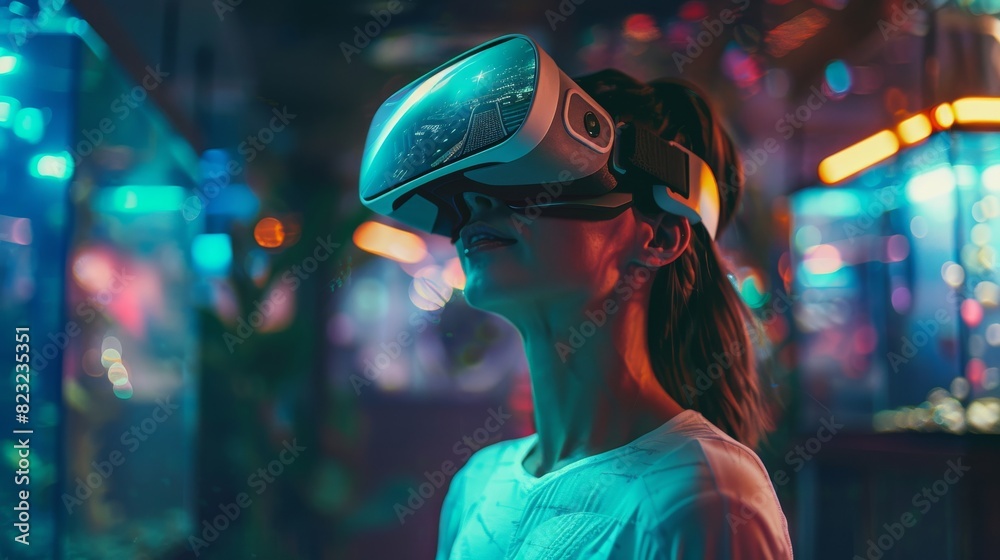 Obraz premium Person enjoying a VR experience in a futuristic, space-based aquarium. Upper body shot with a smile, highlighting the wonder and excitement.