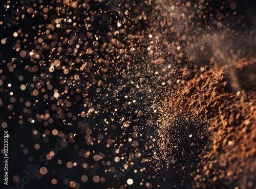 A dark background with coffee powder particles floating in the air, creating an abstract and artistic visual effect