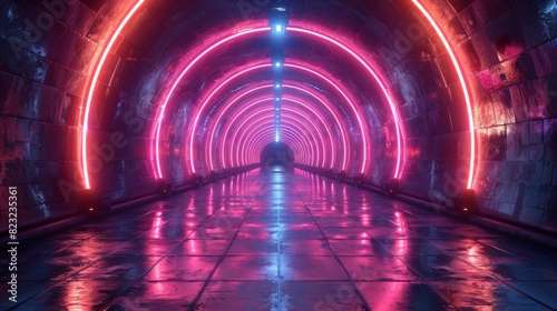 Abstract technology background. Amidst the neon-lit corridor, the elongated shadows dance and flicker, distorting reality in mesmerizing ways.