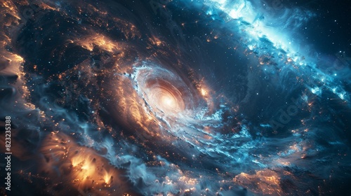 Stunning cosmic scene of a swirling galaxy with vibrant orange and blue colors, showcasing the beauty and mystery of the universe.