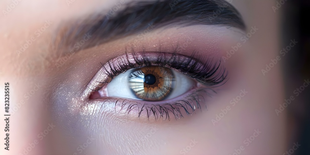 Obraz premium Macro shot of attractive Asian womans brown eyes with lifted eyelashes. Concept Macro Photography, Beauty Portrait, Asian Model, Eyelash Enhancement, Detailed Shots
