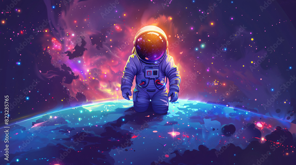 Naklejka premium Vector art of a spaceman floating near a satellite, with Earth visible in the background