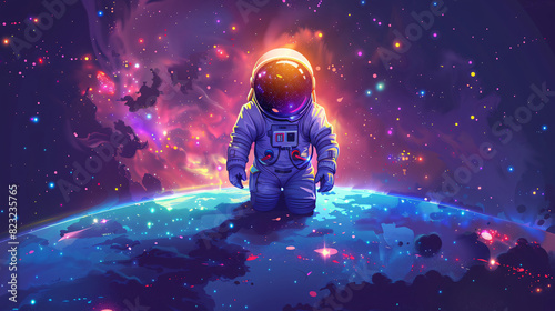 Vector art of a spaceman floating near a satellite, with Earth visible in the background