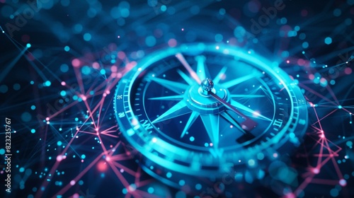 A glowing blue and silver compass on a background