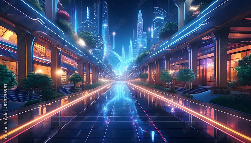 A futuristic digital landscape featuring a glowing stream of data flowing seamlessly into a vibrant virtual shopping mall.