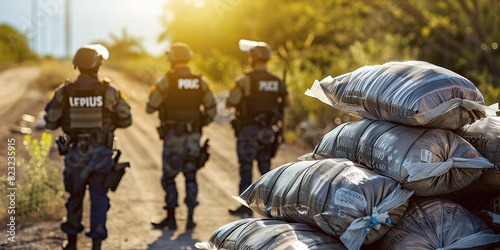 Police have disrupted a drug smuggling operation at the border. Concept for drug smuggling, border security, law enforcement, police operation, criminal investigation photo