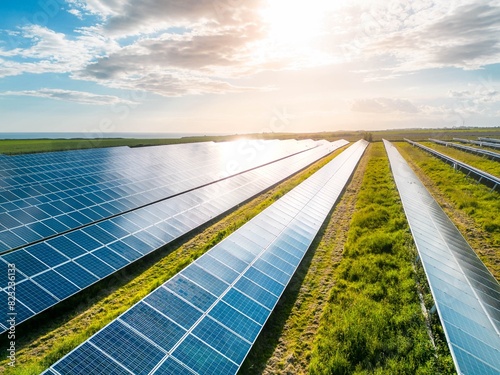 Solar panel rows aerial view. Photovoltaic panels farm from the sky, diagonal rows for renewable solar energy. Reducing carbon footprint concept, clean green energy for the future. Drone view