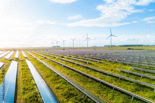Wind turbines and solar panels farm in a field. Renewable green energy. Sunny landscape, electric energy generator for clean energy producing concept