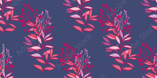 Abstract artistic bouquet with branches, large leaves, leaf stems seamless pattern. Saturated creative tropical floral plants printing. Vector hand drawing. Template for designs, textile, fashion