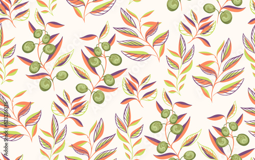 Abstract artistic branches with olive berries, shapes leaves seamless pattern on a light background. Colorful printing with creative tropical plants. Vector hand drawing sketch. Template for designs