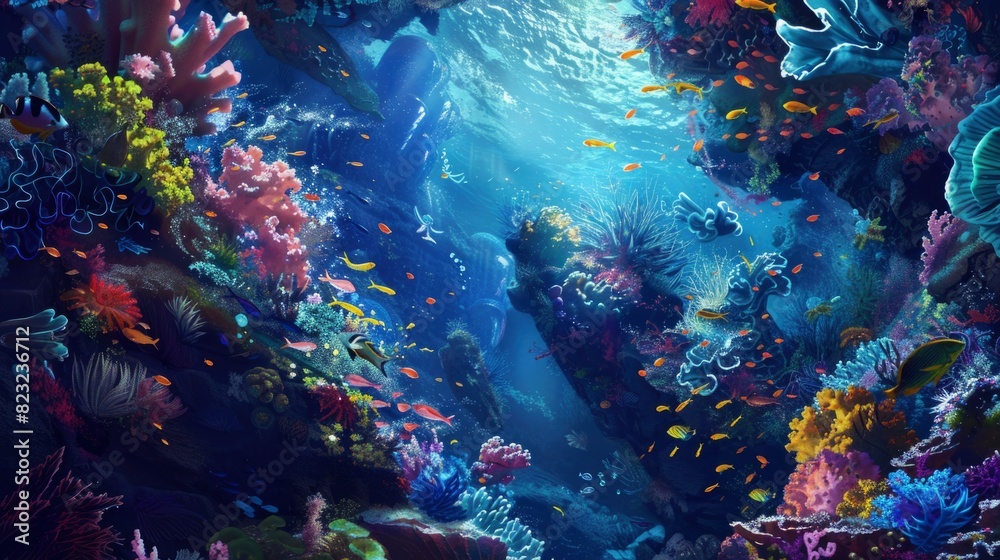 A colorful underwater scene with a variety of fish and coral. Scene is vibrant and lively, with the bright colors of the fish and coral creating a sense of energy and movement