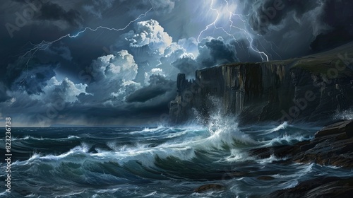 A stormy ocean with a large wave crashing against a rocky shore. The sky is dark and cloudy, with lightning bolts visible in the distance. Scene is intense and dramatic