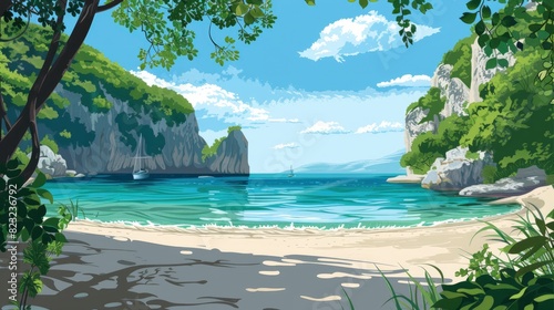 A Hidden Cove With Clear Water And White Sand  Accessible Only By Boat  Cartoon  Flat color