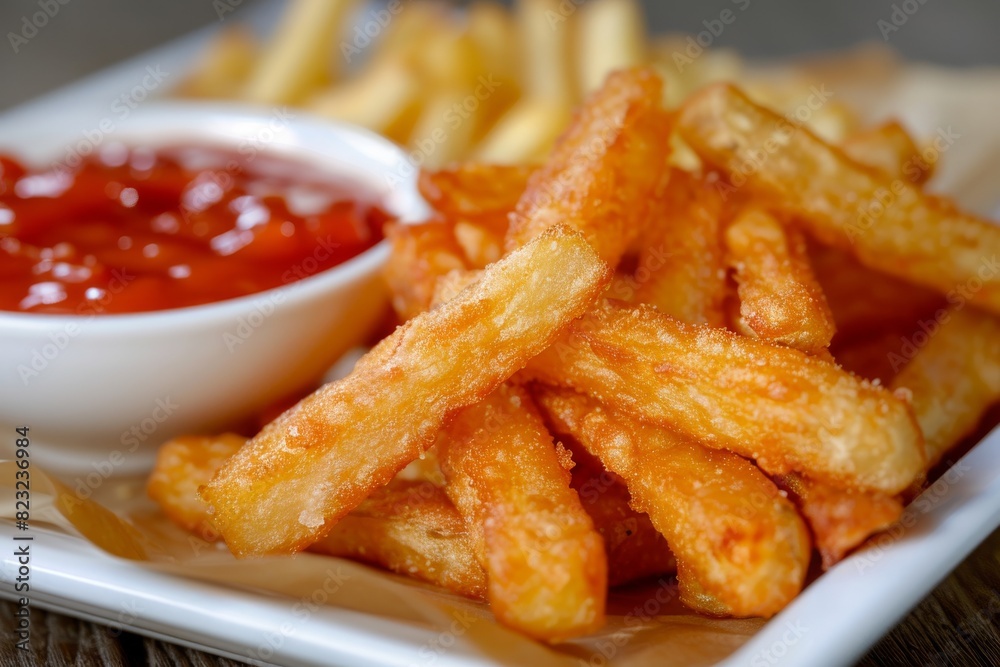 Fries or French Fries with Tomato Sauce, Sweet Potato Finger Chips, Golden French-Fried Potatoes Fries or French Fries with Tomato Sauce, Sweet Potato Finger Chips, Golden French-Fried Potatoes