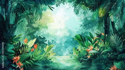 Lush green tropical forest with dense foliage  vibrant vegetation  and flowers  bathed in sunlight creating a mystical  serene atmosphere.