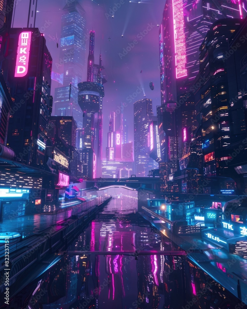 Futuristic Neon Lit City Landscape with Glowing Skyscrapers and Reflective Streets