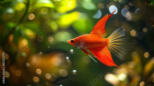 A vibrant, red swordtail fish flitting around a glass aquarium, its long, sword-like fin trailing behind.