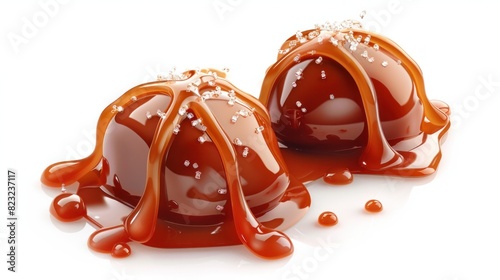 Photorealistic image of two gooey caramel candies, drizzled with caramel sauce and sprinkled with sea salt, isolated on a white background photo