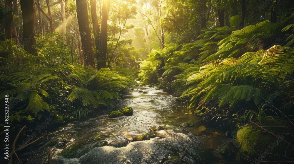 A stream of water flows through a lush green forest. The sunlight is shining through the trees, creating a peaceful and serene atmosphere