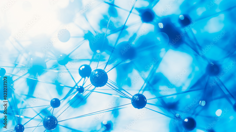 A blue background with many small blue spheres. The spheres are connected by strings. Concept of interconnectedness and complexity A blue background with many small blue spheres. The spheres are connected by strings. Concept of interconnectedness and complexity