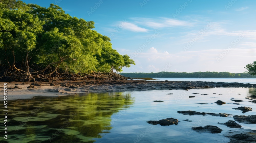 Tranquil inlet framed by mangrove trees. Tranquil inlet framed by mangrove trees.