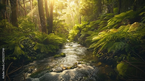 A stream of water flows through a lush green forest. The sunlight is shining through the trees  creating a peaceful and serene atmosphere