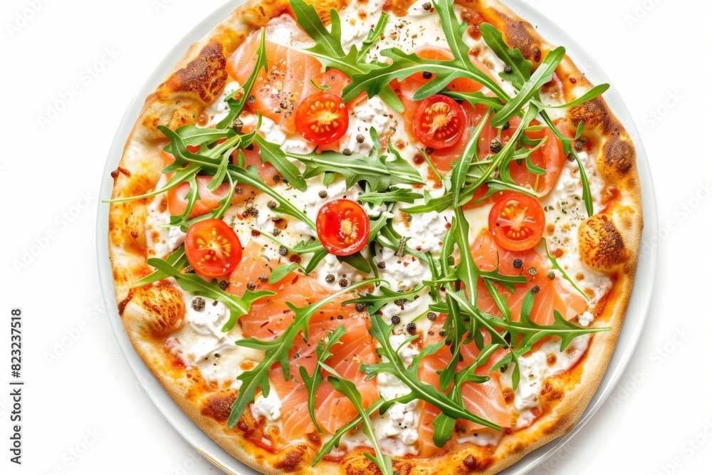 Pizza with Salmon, Cream Cheese and Fresh Rucola Leaves Isolated, Traditional Italian Whole Round Flatbread Pizza with Salmon, Cream Cheese and Fresh Rucola Leaves Isolated, Traditional Italian Whole Round Flatbread